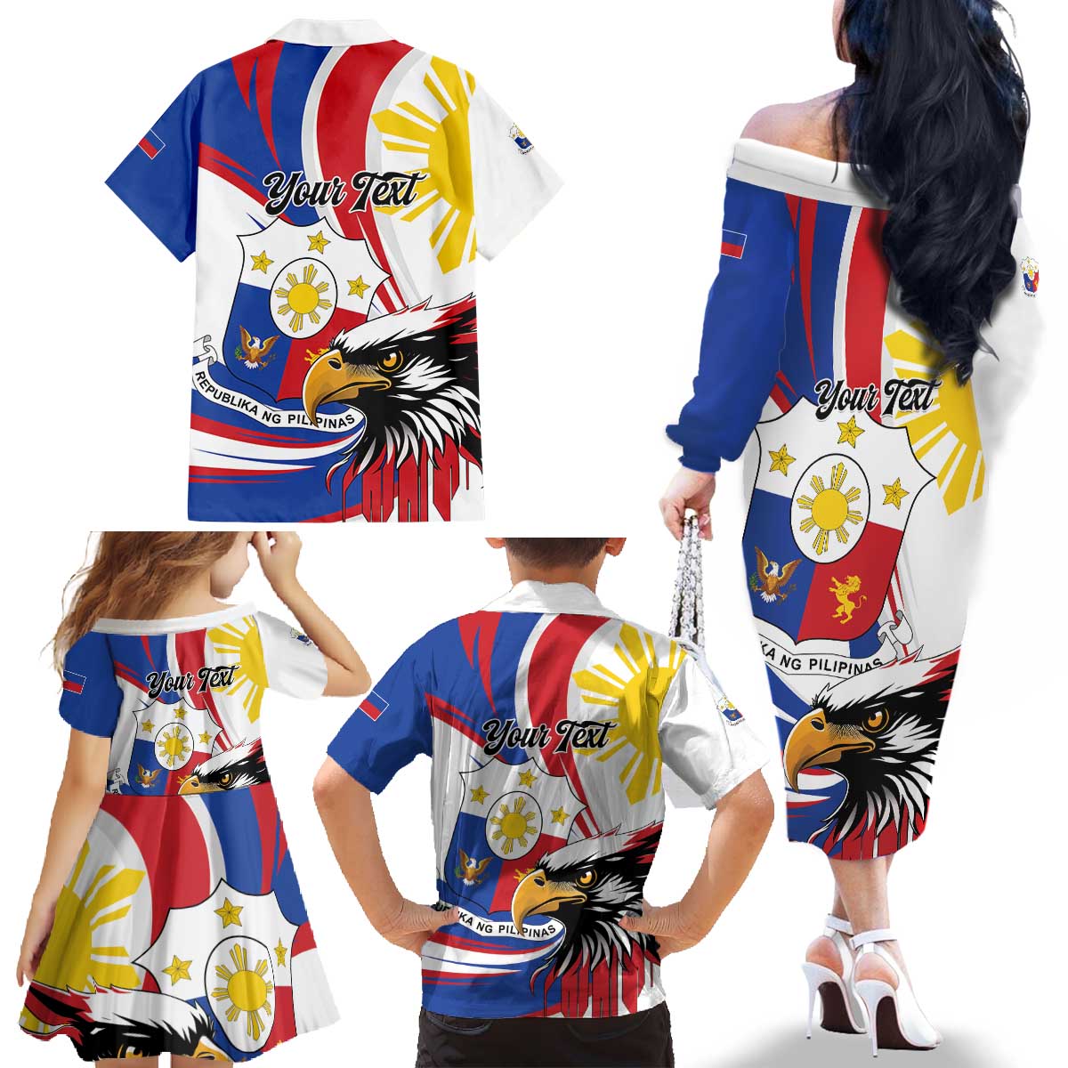 Personalized Philippines Eagle Family Matching Off The Shoulder Long Sleeve Dress and Hawaiian Shirt Republika ng Pilipinas