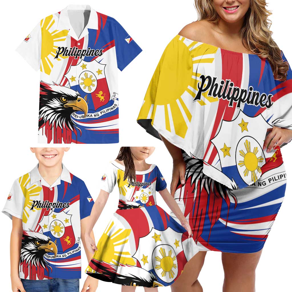 Personalized Philippines Eagle Family Matching Off Shoulder Short Dress and Hawaiian Shirt Republika ng Pilipinas