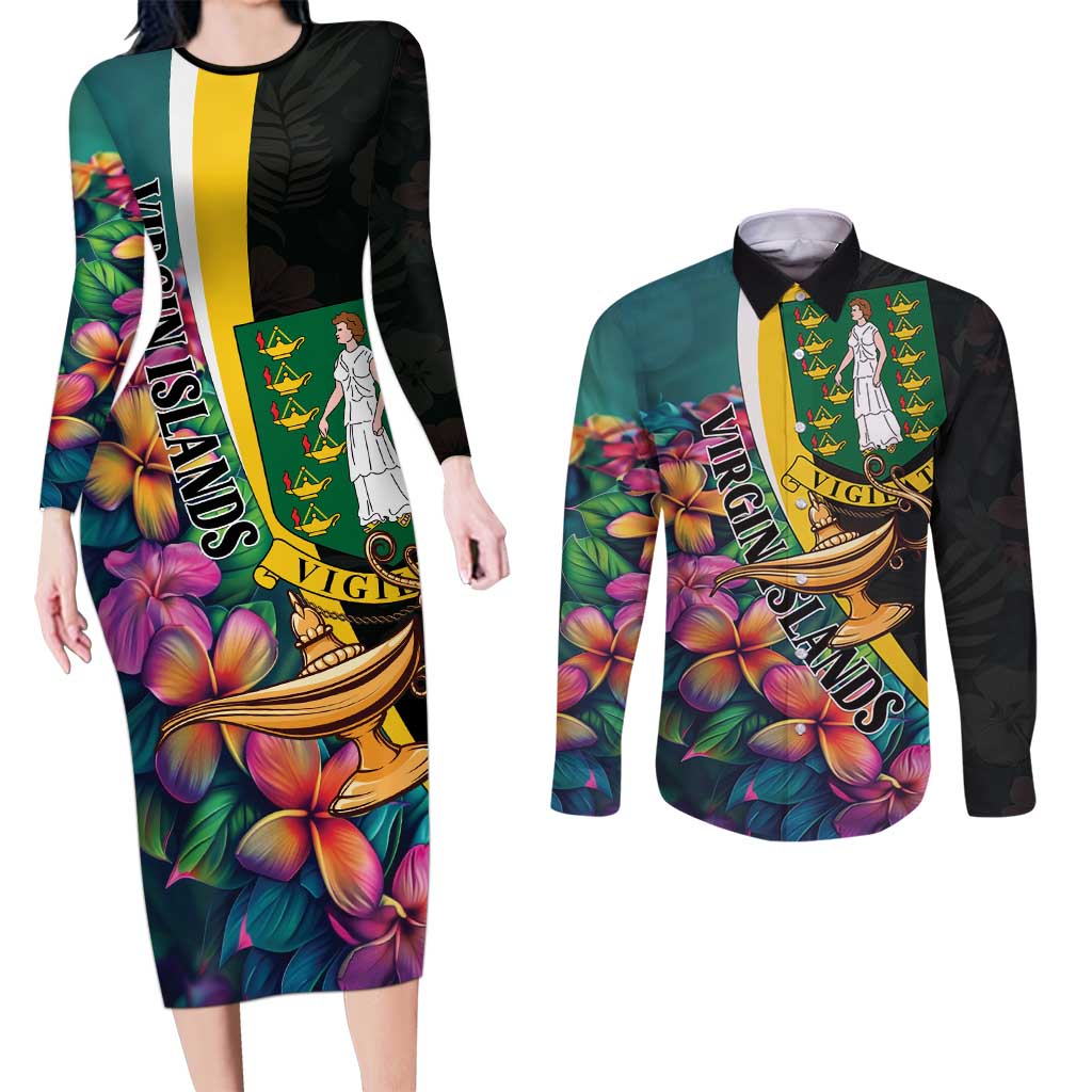 Personalised British Virgin Islands Tropical Couples Matching Long Sleeve Bodycon Dress and Long Sleeve Button Shirt Curve Style