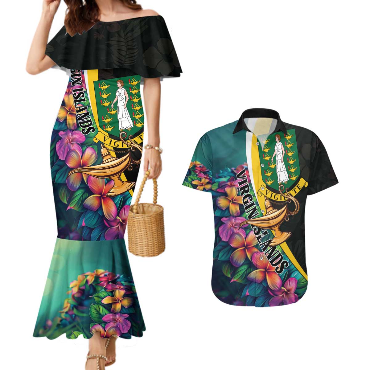 Personalised British Virgin Islands Tropical Couples Matching Mermaid Dress and Hawaiian Shirt Curve Style