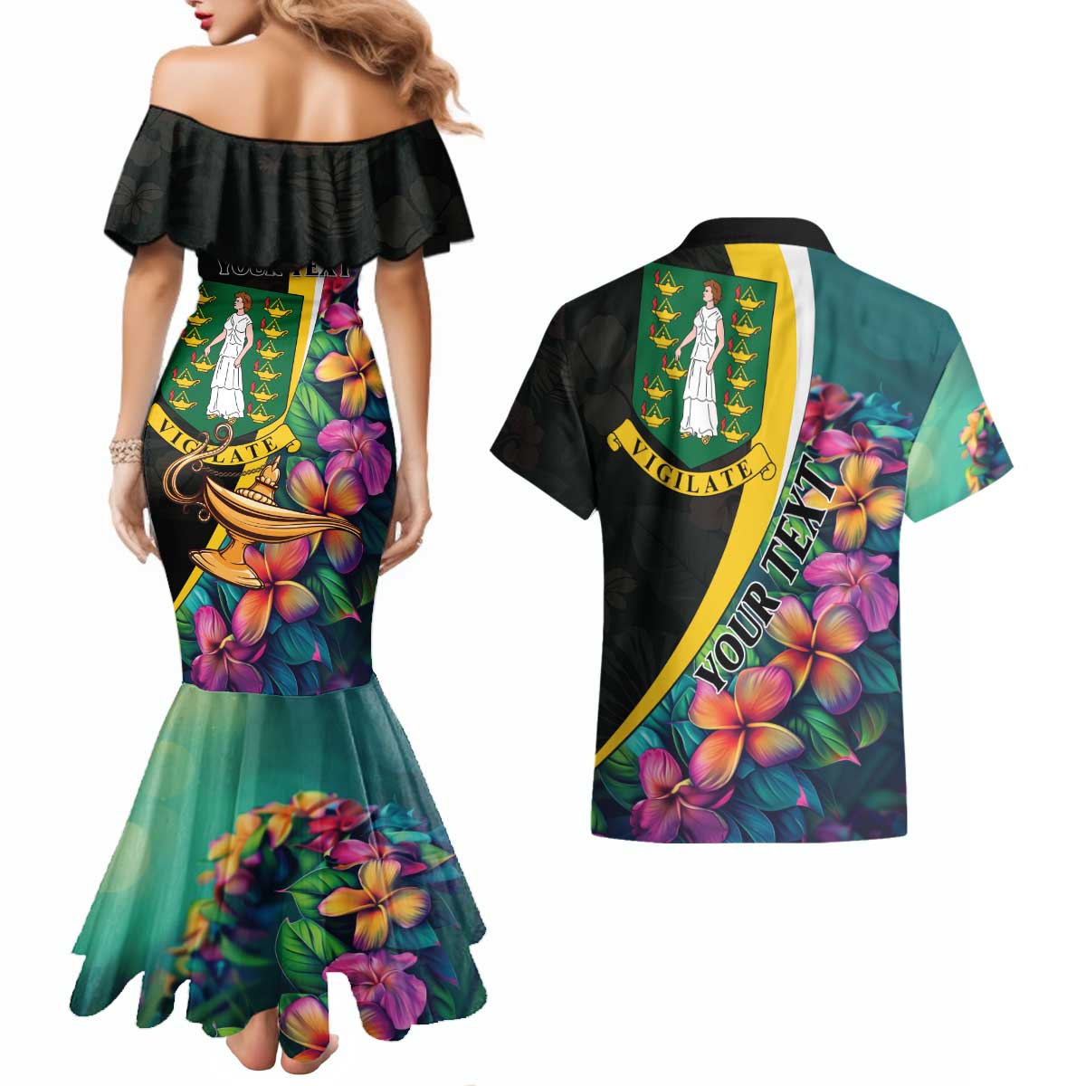 Personalised British Virgin Islands Tropical Couples Matching Mermaid Dress and Hawaiian Shirt Curve Style
