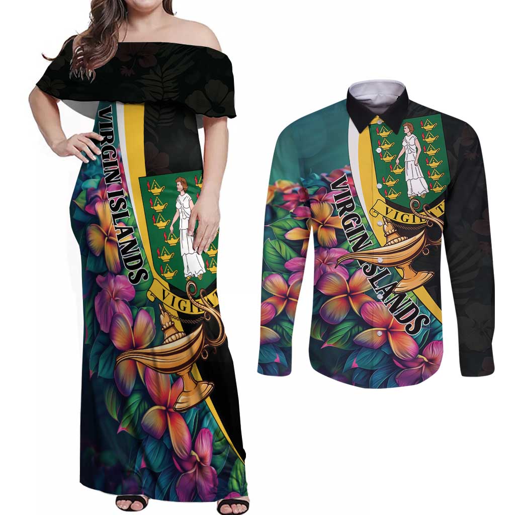Personalised British Virgin Islands Tropical Couples Matching Off Shoulder Maxi Dress and Long Sleeve Button Shirt Curve Style