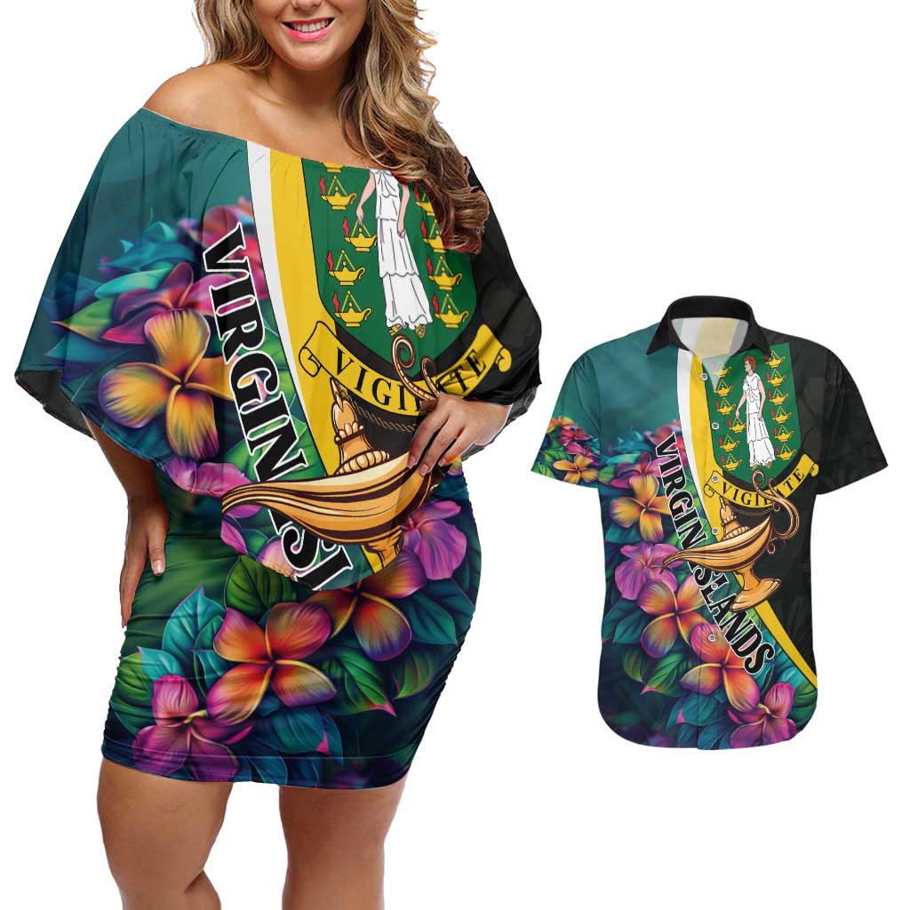 Personalised British Virgin Islands Tropical Couples Matching Off Shoulder Short Dress and Hawaiian Shirt Curve Style