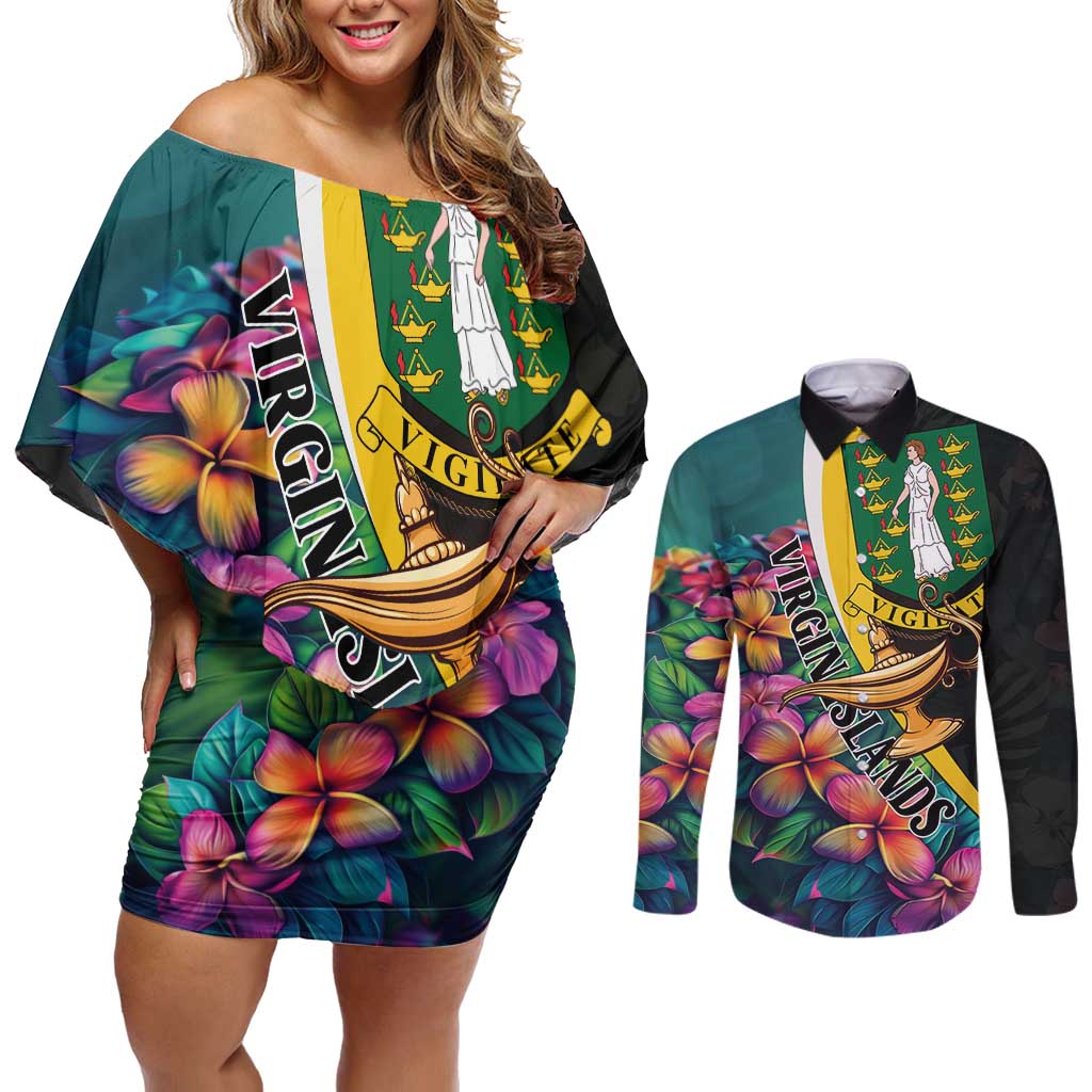 Personalised British Virgin Islands Tropical Couples Matching Off Shoulder Short Dress and Long Sleeve Button Shirt Curve Style