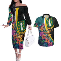 Personalised British Virgin Islands Tropical Couples Matching Off The Shoulder Long Sleeve Dress and Hawaiian Shirt Curve Style