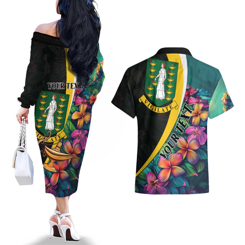Personalised British Virgin Islands Tropical Couples Matching Off The Shoulder Long Sleeve Dress and Hawaiian Shirt Curve Style