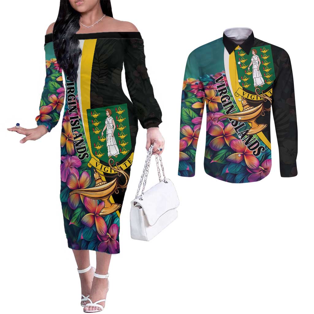 Personalised British Virgin Islands Tropical Couples Matching Off The Shoulder Long Sleeve Dress and Long Sleeve Button Shirt Curve Style