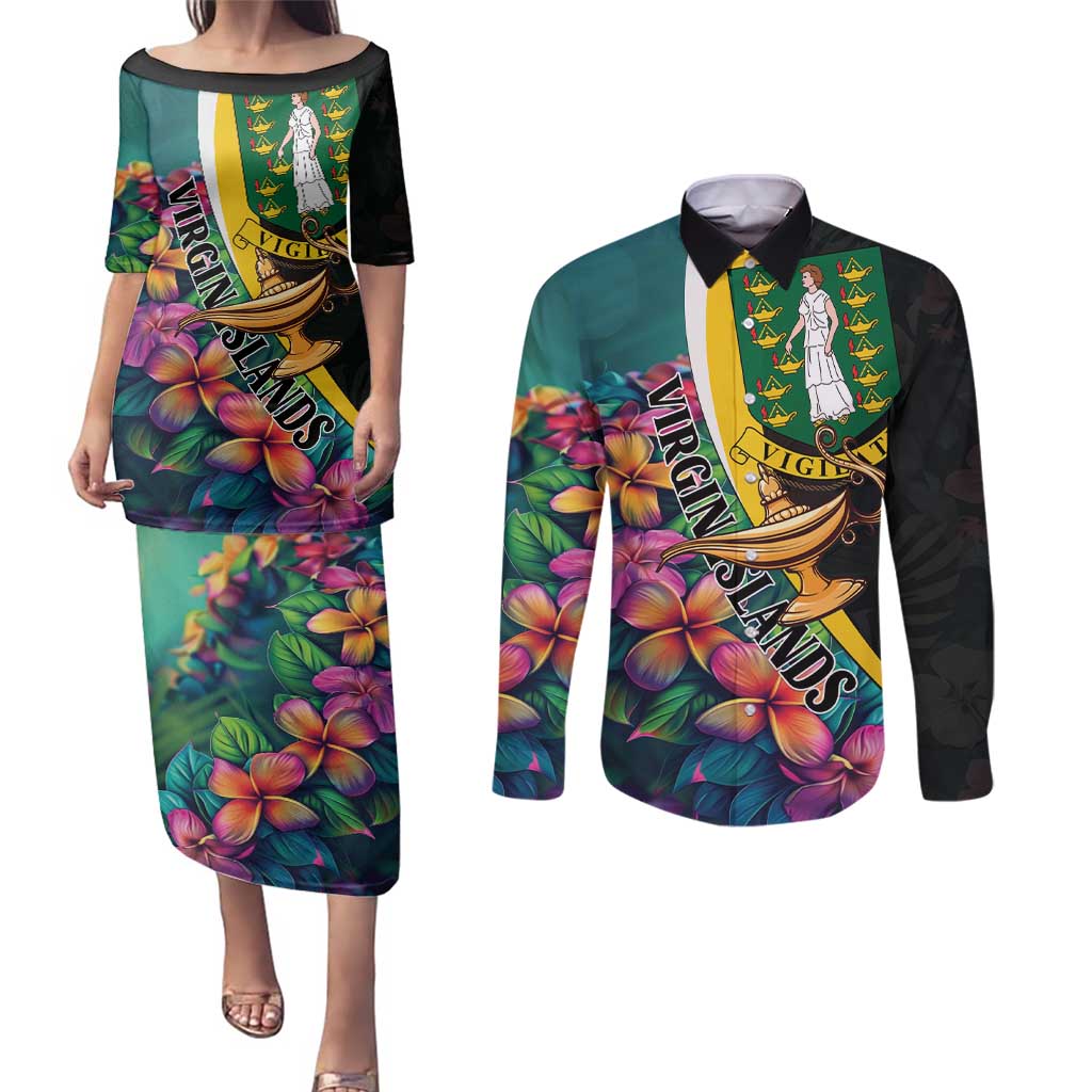 Personalised British Virgin Islands Tropical Couples Matching Puletasi and Long Sleeve Button Shirt Curve Style