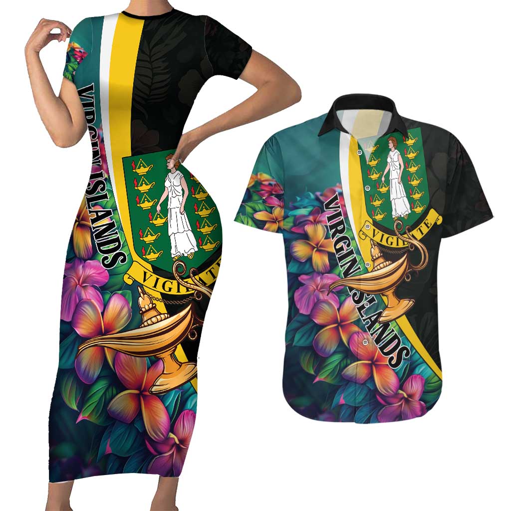 Personalised British Virgin Islands Tropical Couples Matching Short Sleeve Bodycon Dress and Hawaiian Shirt Curve Style