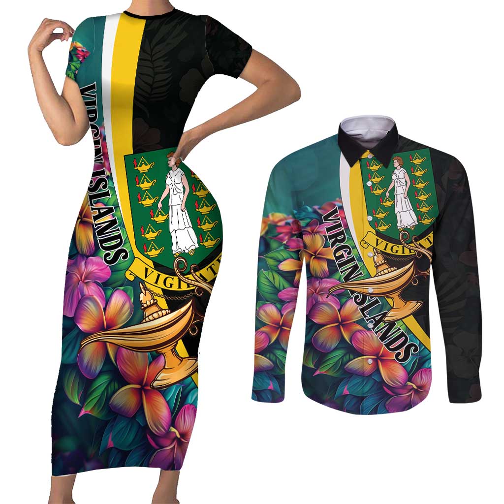 Personalised British Virgin Islands Tropical Couples Matching Short Sleeve Bodycon Dress and Long Sleeve Button Shirt Curve Style
