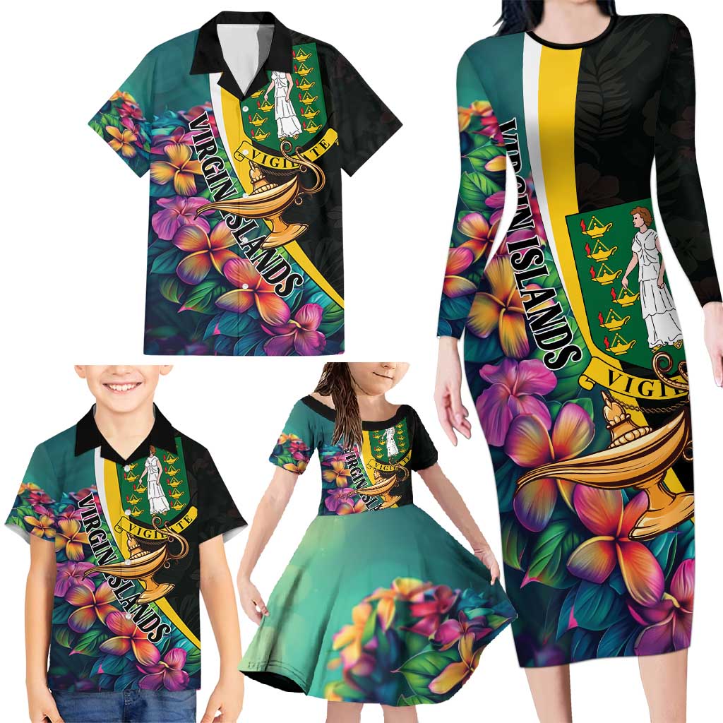 Personalised British Virgin Islands Tropical Family Matching Long Sleeve Bodycon Dress and Hawaiian Shirt Curve Style
