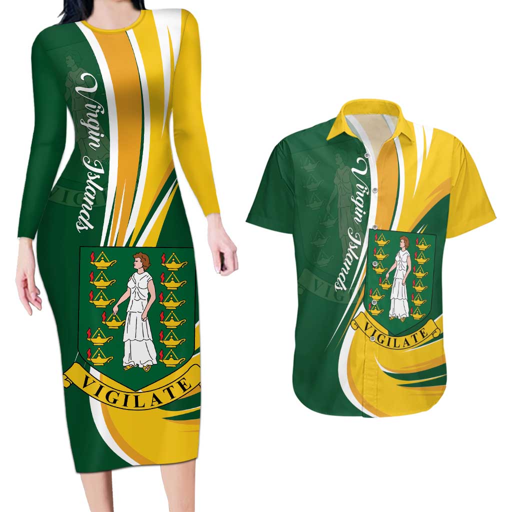 Personalised British Virgin Islands Couples Matching Long Sleeve Bodycon Dress and Hawaiian Shirt Vigilate Flag Color