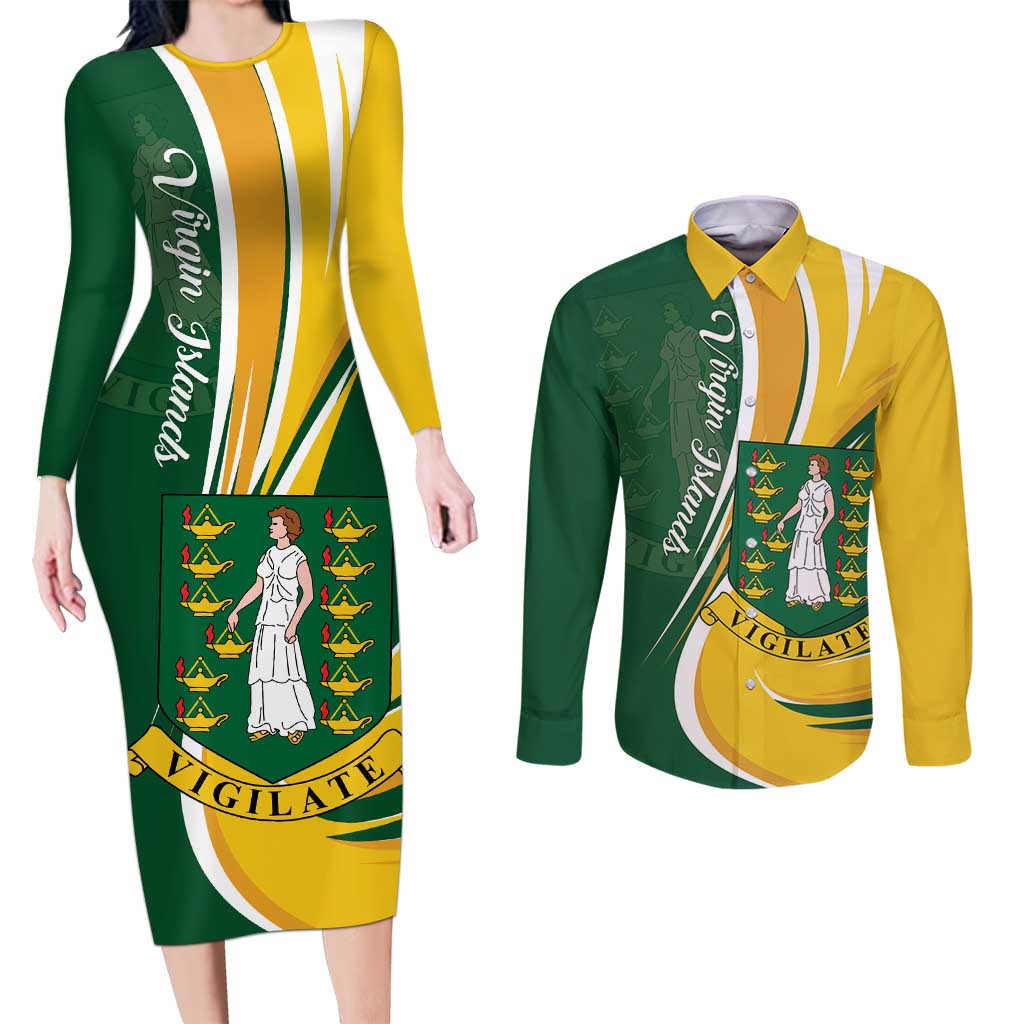Personalised British Virgin Islands Couples Matching Long Sleeve Bodycon Dress and Long Sleeve Button Shirt Vigilate Flag Color