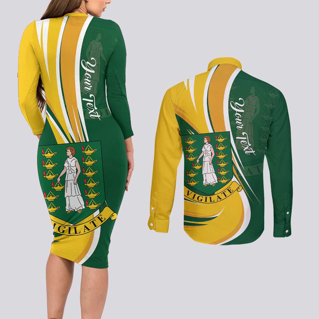 Personalised British Virgin Islands Couples Matching Long Sleeve Bodycon Dress and Long Sleeve Button Shirt Vigilate Flag Color