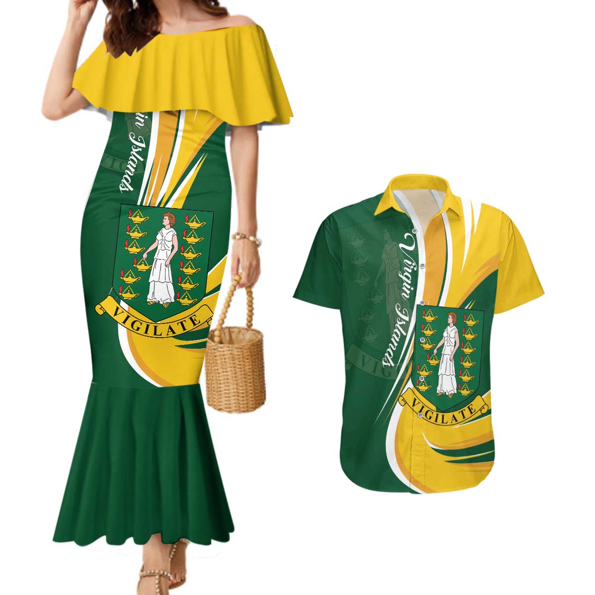 Personalised British Virgin Islands Couples Matching Mermaid Dress and Hawaiian Shirt Vigilate Flag Color