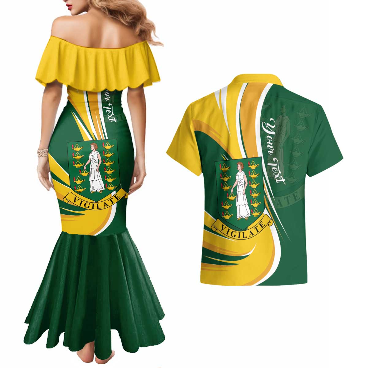 Personalised British Virgin Islands Couples Matching Mermaid Dress and Hawaiian Shirt Vigilate Flag Color