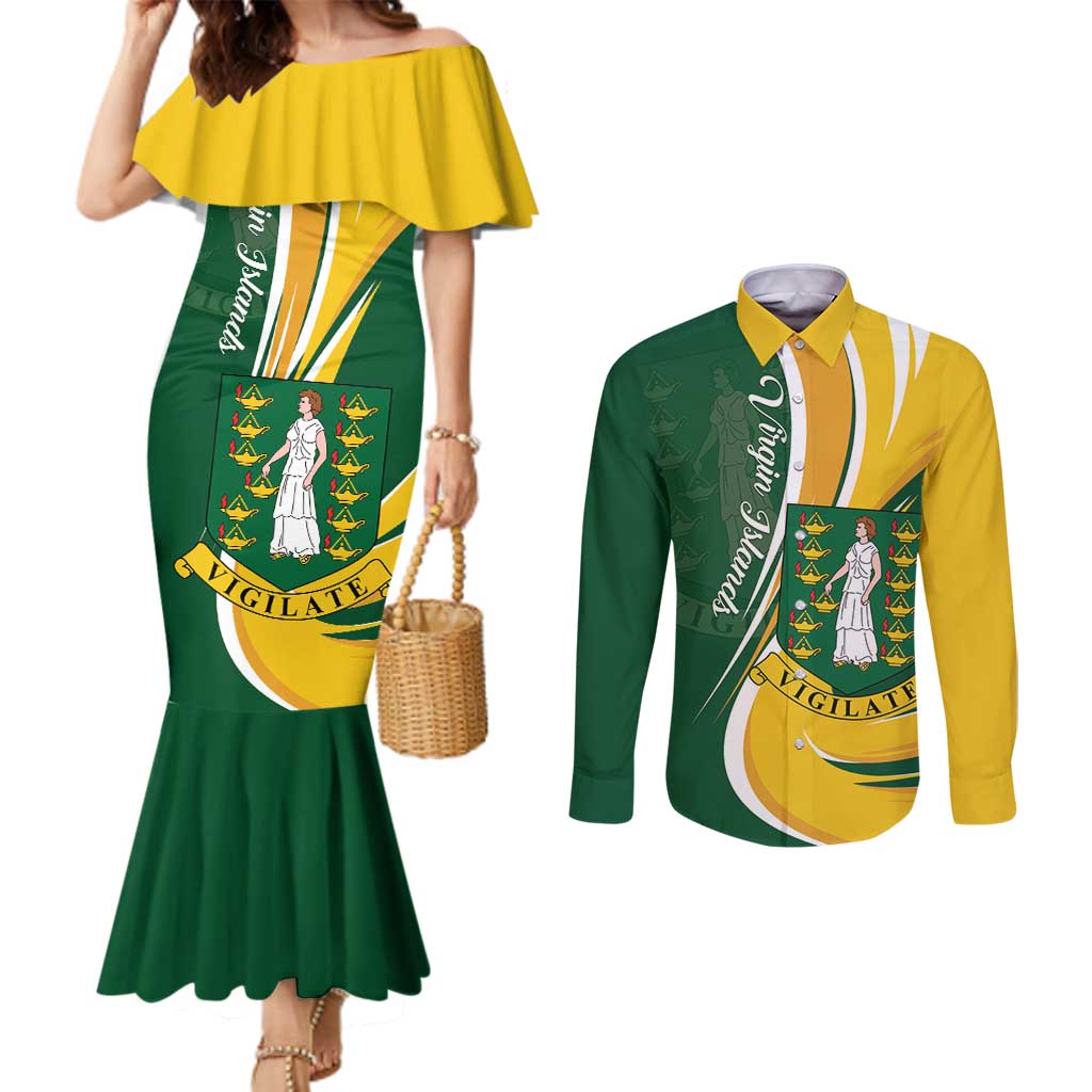 Personalised British Virgin Islands Couples Matching Mermaid Dress and Long Sleeve Button Shirt Vigilate Flag Color