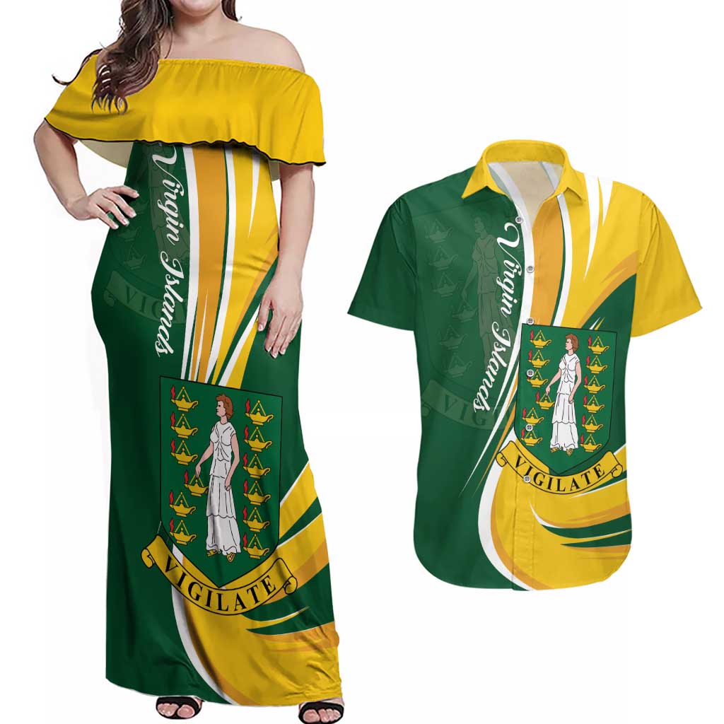 Personalised British Virgin Islands Couples Matching Off Shoulder Maxi Dress and Hawaiian Shirt Vigilate Flag Color