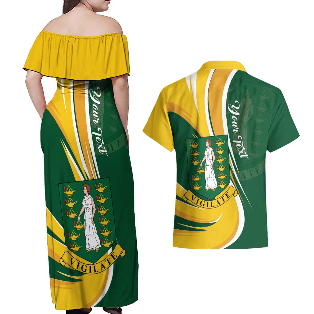 Personalised British Virgin Islands Couples Matching Off Shoulder Maxi Dress and Hawaiian Shirt Vigilate Flag Color