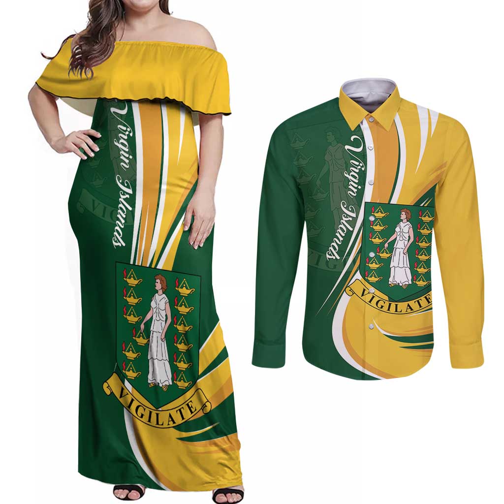 Personalised British Virgin Islands Couples Matching Off Shoulder Maxi Dress and Long Sleeve Button Shirt Vigilate Flag Color