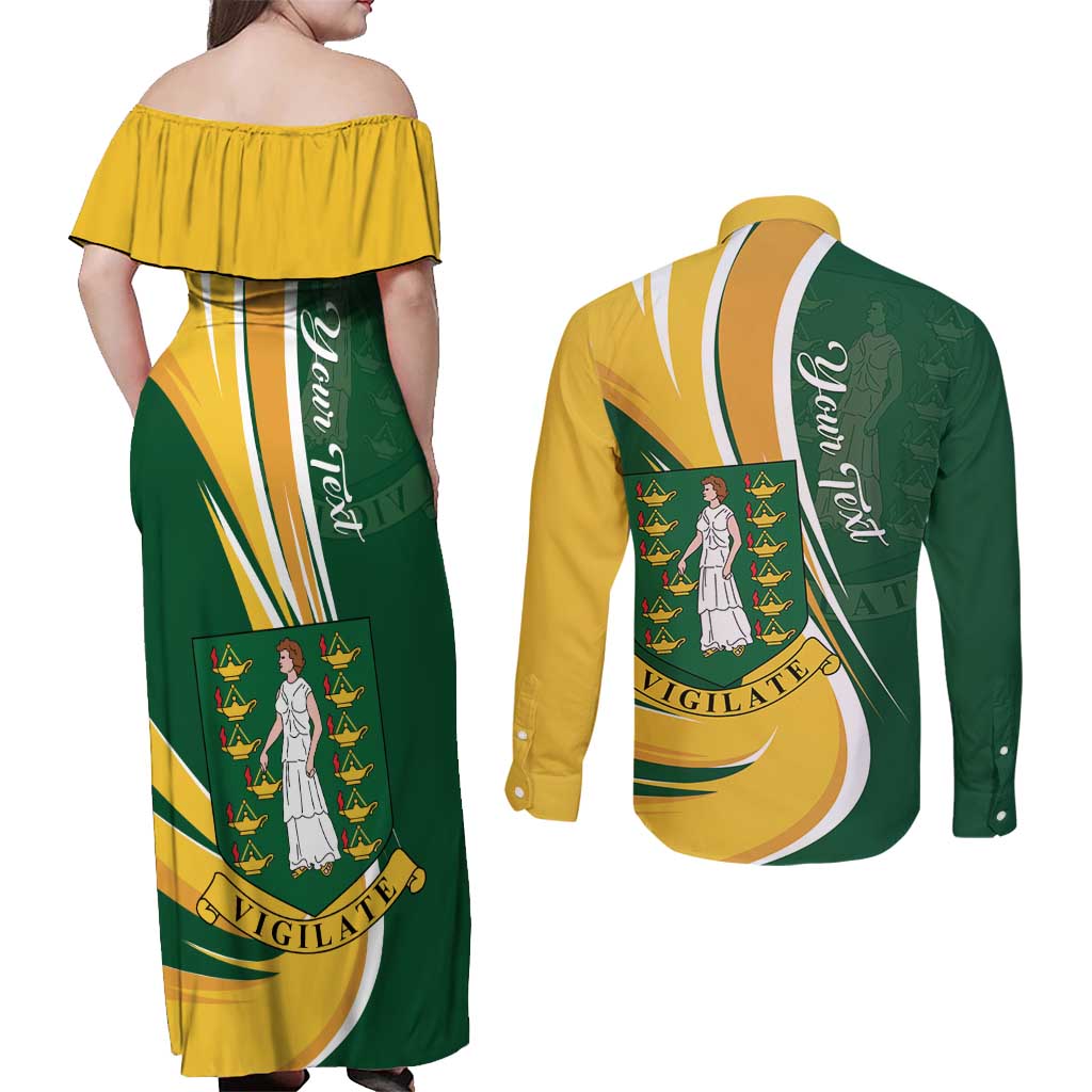 Personalised British Virgin Islands Couples Matching Off Shoulder Maxi Dress and Long Sleeve Button Shirt Vigilate Flag Color