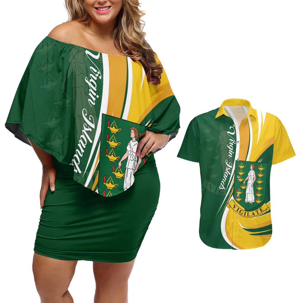 Personalised British Virgin Islands Couples Matching Off Shoulder Short Dress and Hawaiian Shirt Vigilate Flag Color