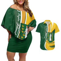 Personalised British Virgin Islands Couples Matching Off Shoulder Short Dress and Hawaiian Shirt Vigilate Flag Color