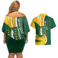 Personalised British Virgin Islands Couples Matching Off Shoulder Short Dress and Hawaiian Shirt Vigilate Flag Color