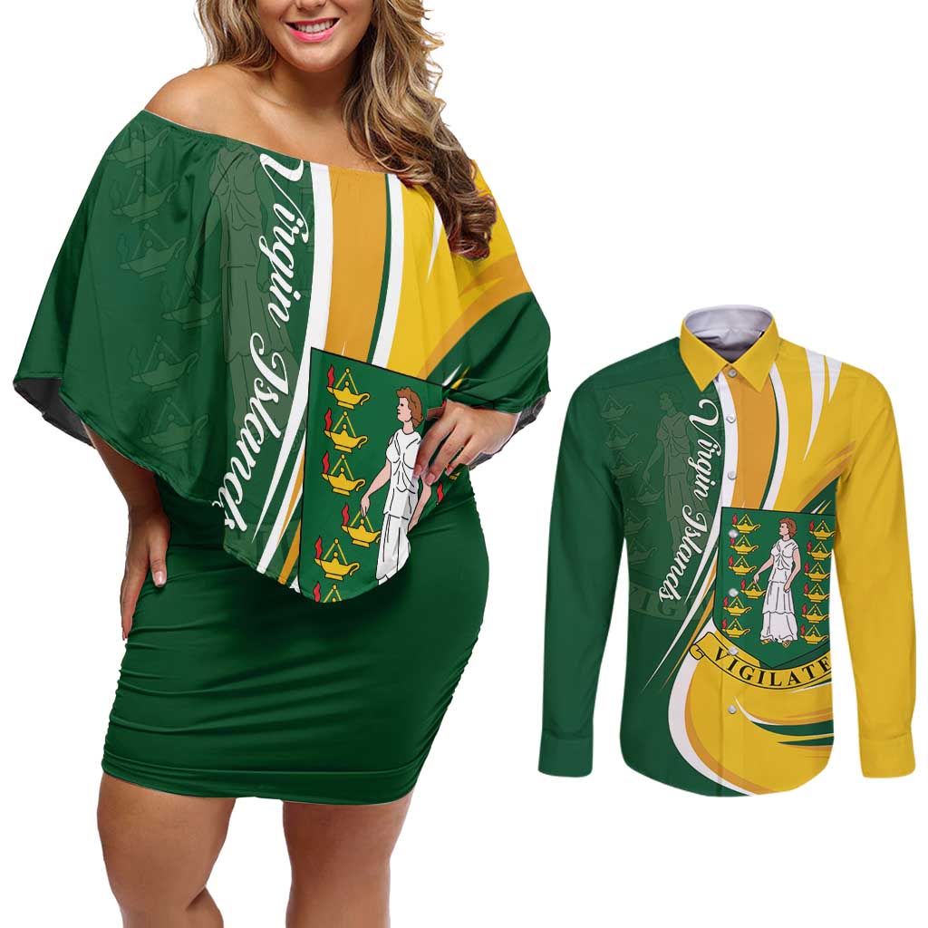 Personalised British Virgin Islands Couples Matching Off Shoulder Short Dress and Long Sleeve Button Shirt Vigilate Flag Color