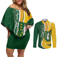 Personalised British Virgin Islands Couples Matching Off Shoulder Short Dress and Long Sleeve Button Shirt Vigilate Flag Color
