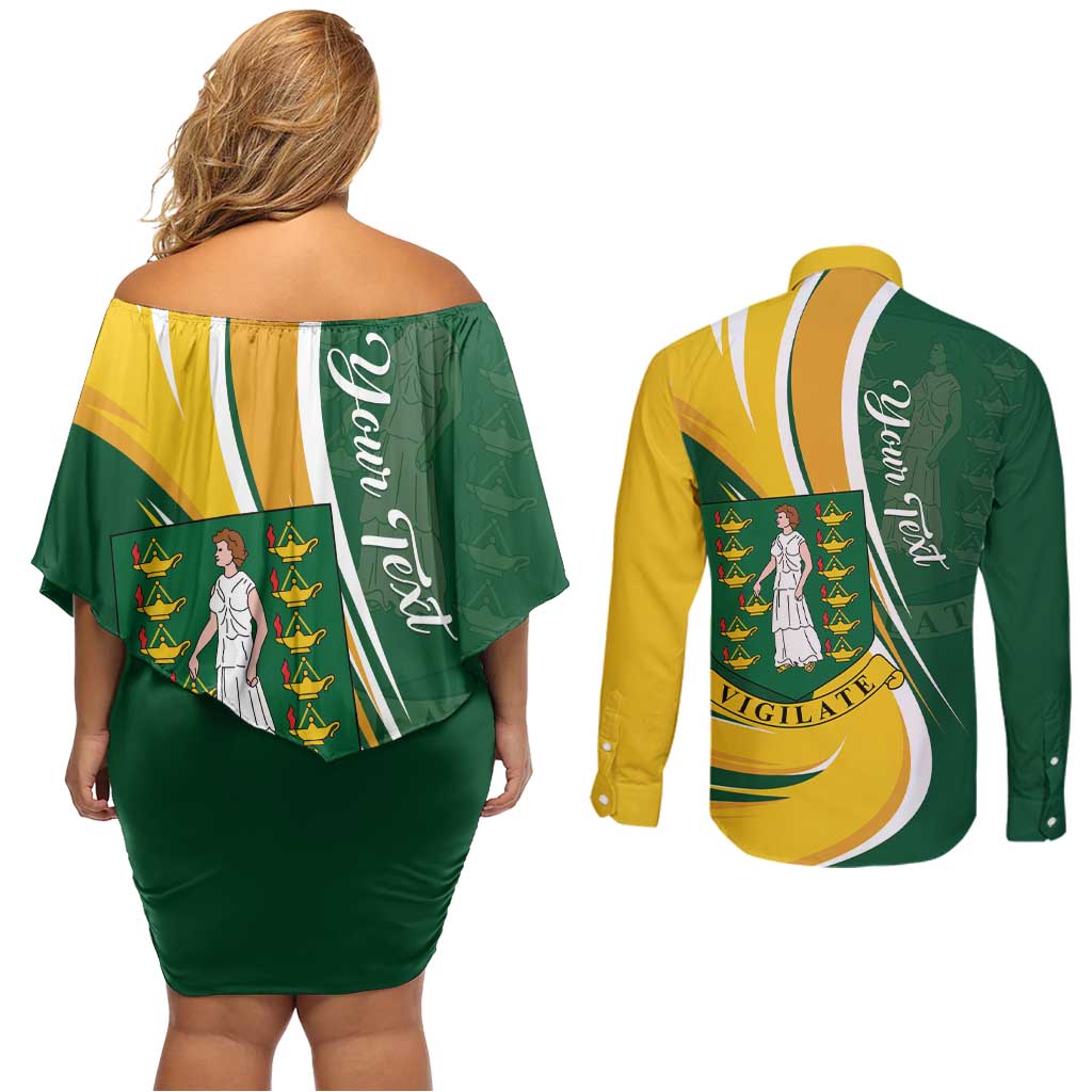Personalised British Virgin Islands Couples Matching Off Shoulder Short Dress and Long Sleeve Button Shirt Vigilate Flag Color
