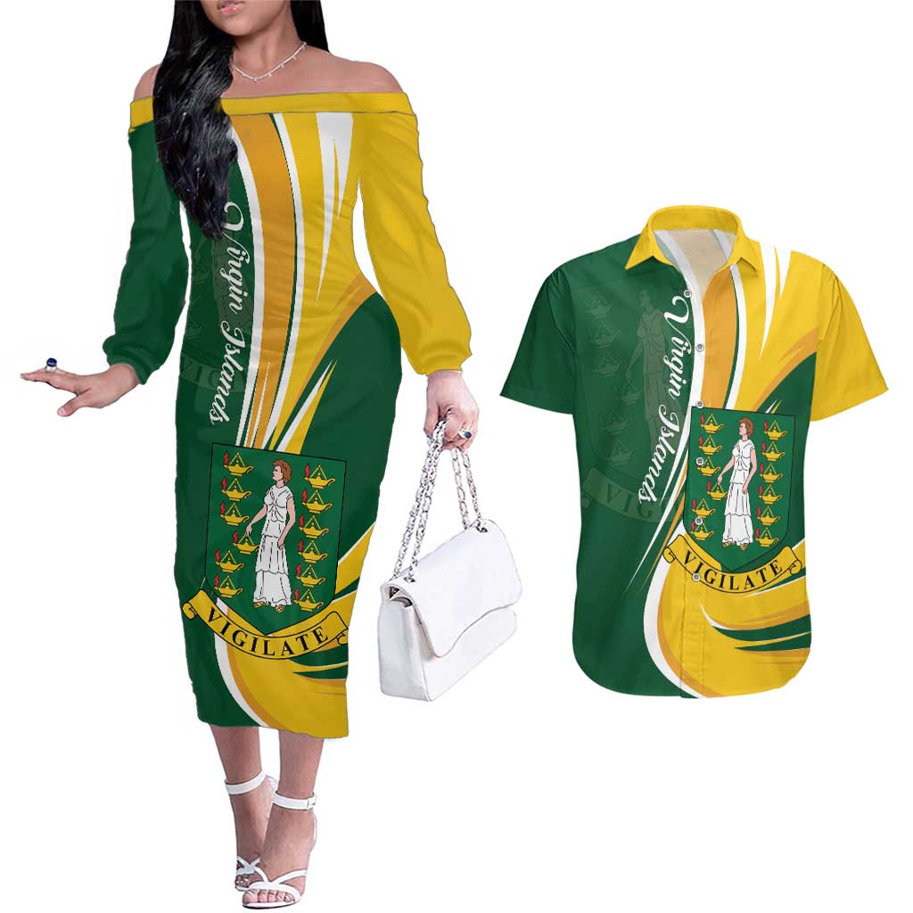 Personalised British Virgin Islands Couples Matching Off The Shoulder Long Sleeve Dress and Hawaiian Shirt Vigilate Flag Color