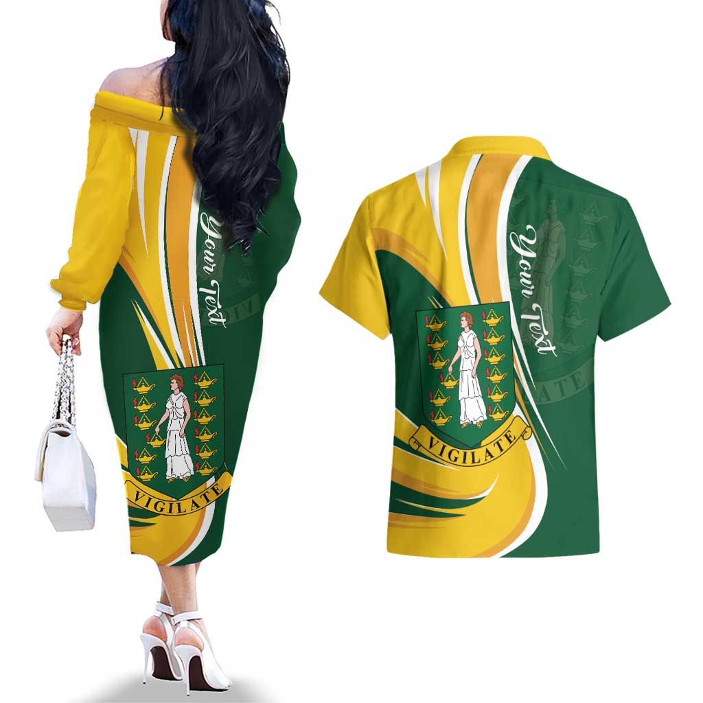 Personalised British Virgin Islands Couples Matching Off The Shoulder Long Sleeve Dress and Hawaiian Shirt Vigilate Flag Color