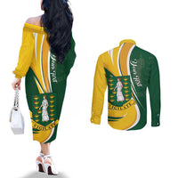 Personalised British Virgin Islands Couples Matching Off The Shoulder Long Sleeve Dress and Long Sleeve Button Shirt Vigilate Flag Color