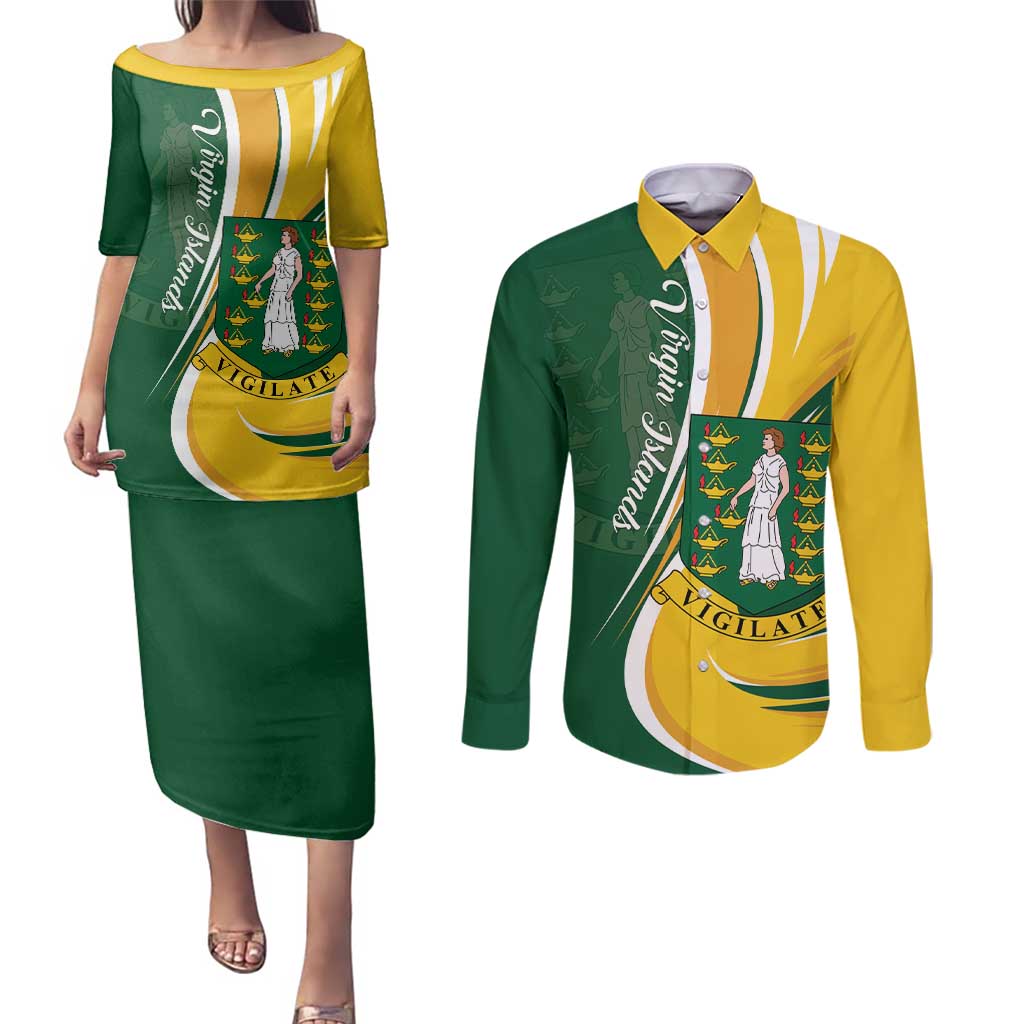 Personalised British Virgin Islands Couples Matching Puletasi and Long Sleeve Button Shirt Vigilate Flag Color