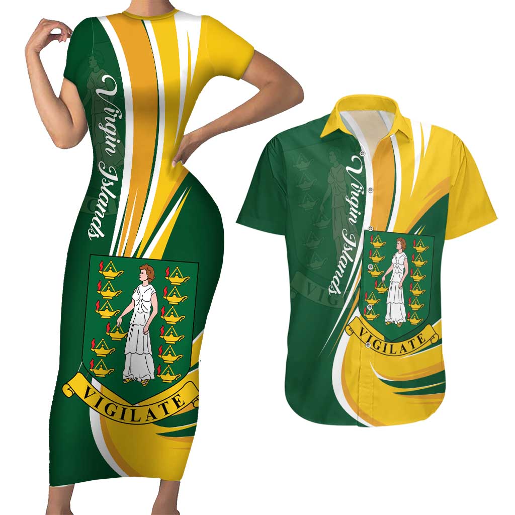 Personalised British Virgin Islands Couples Matching Short Sleeve Bodycon Dress and Hawaiian Shirt Vigilate Flag Color