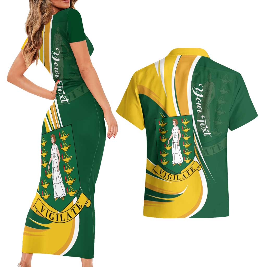 Personalised British Virgin Islands Couples Matching Short Sleeve Bodycon Dress and Hawaiian Shirt Vigilate Flag Color