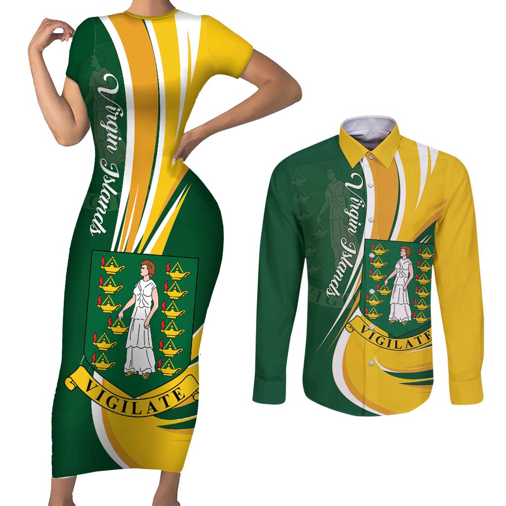 Personalised British Virgin Islands Couples Matching Short Sleeve Bodycon Dress and Long Sleeve Button Shirt Vigilate Flag Color