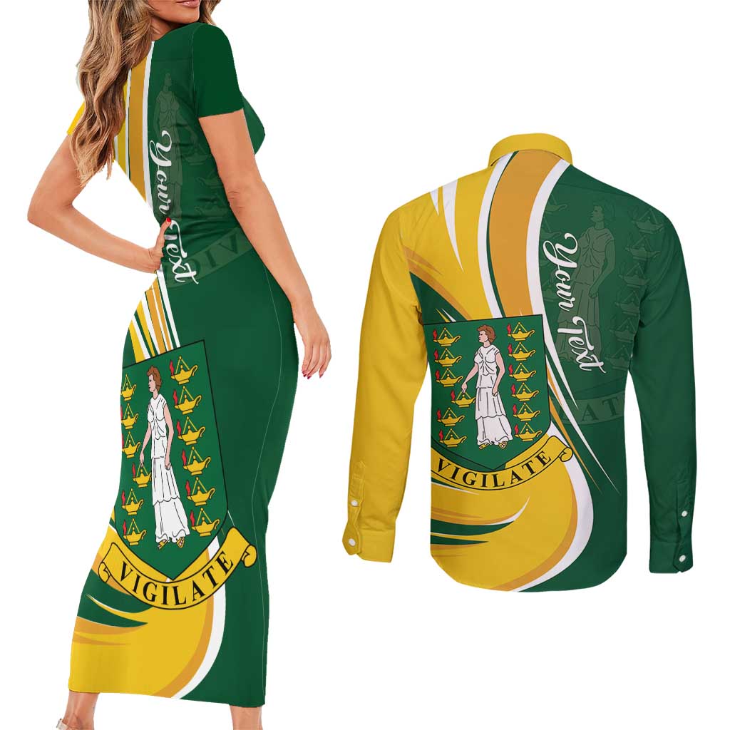 Personalised British Virgin Islands Couples Matching Short Sleeve Bodycon Dress and Long Sleeve Button Shirt Vigilate Flag Color