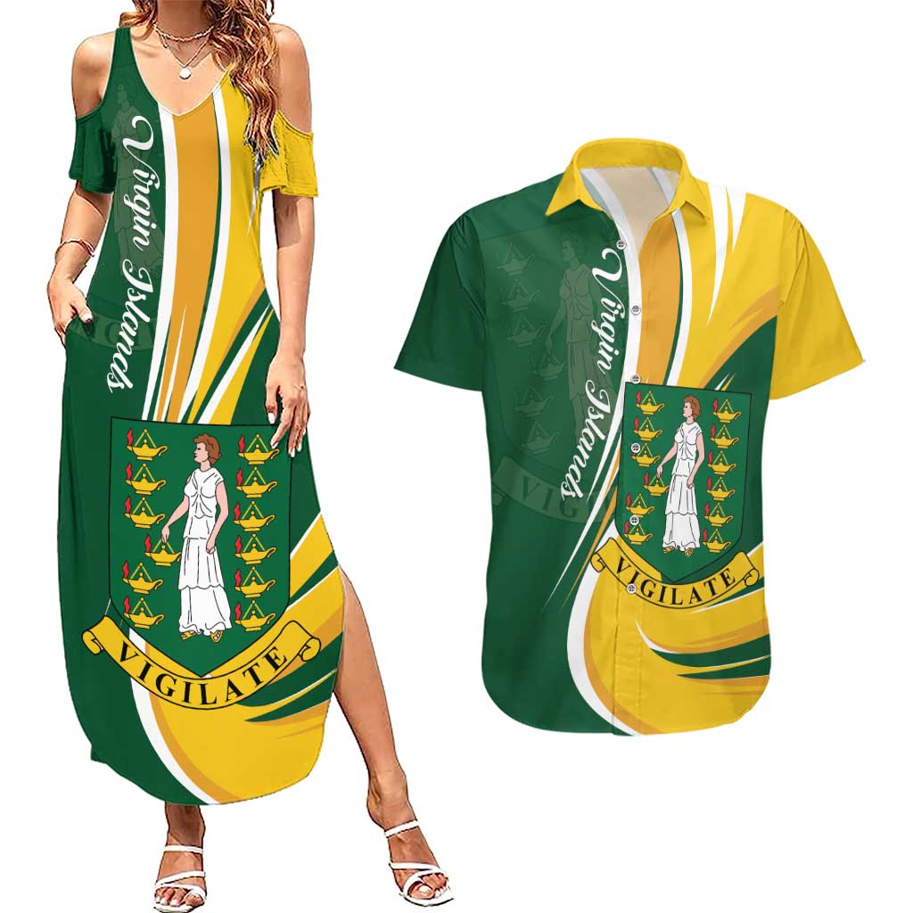 Personalised British Virgin Islands Couples Matching Summer Maxi Dress and Hawaiian Shirt Vigilate Flag Color