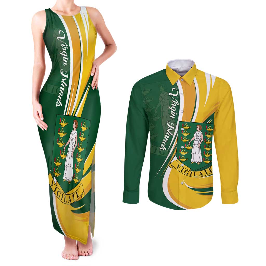 Personalised British Virgin Islands Couples Matching Tank Maxi Dress and Long Sleeve Button Shirt Vigilate Flag Color