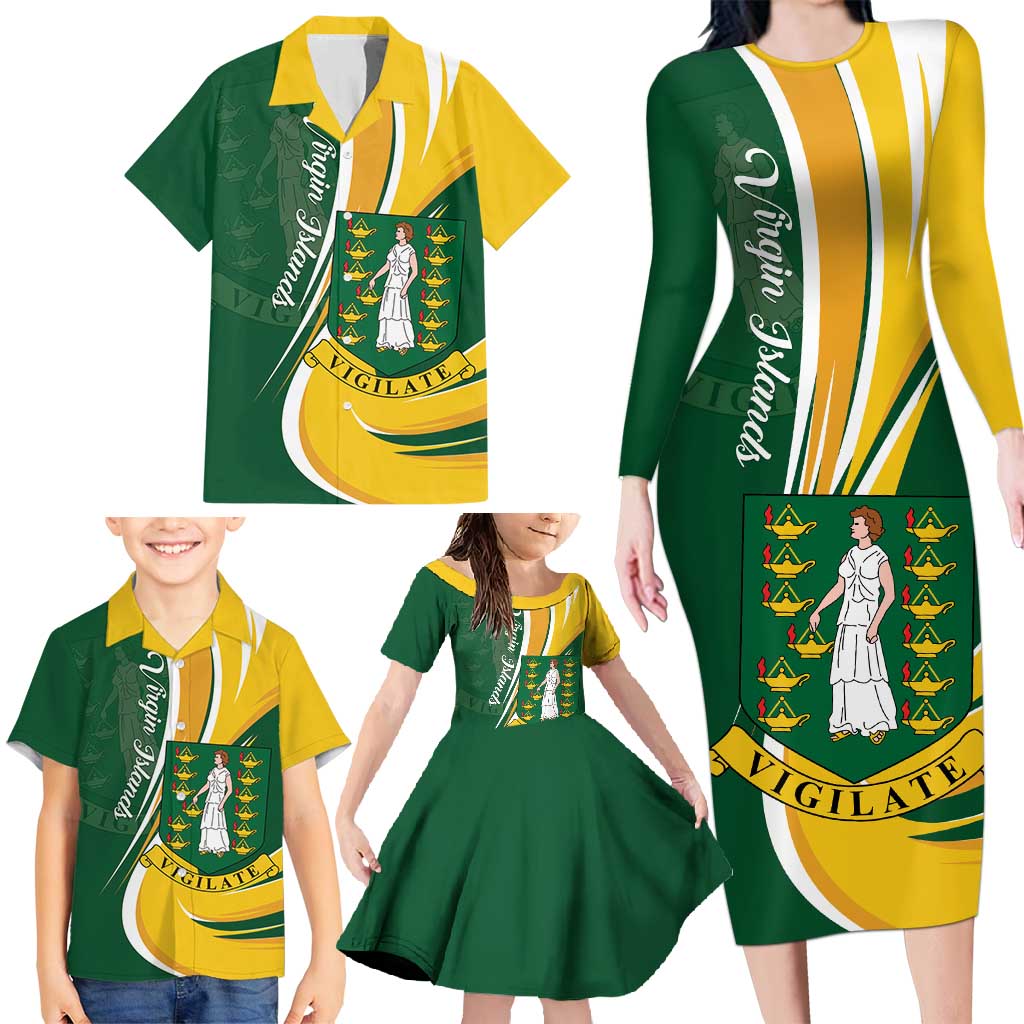 Personalised British Virgin Islands Family Matching Long Sleeve Bodycon Dress and Hawaiian Shirt Vigilate Flag Color