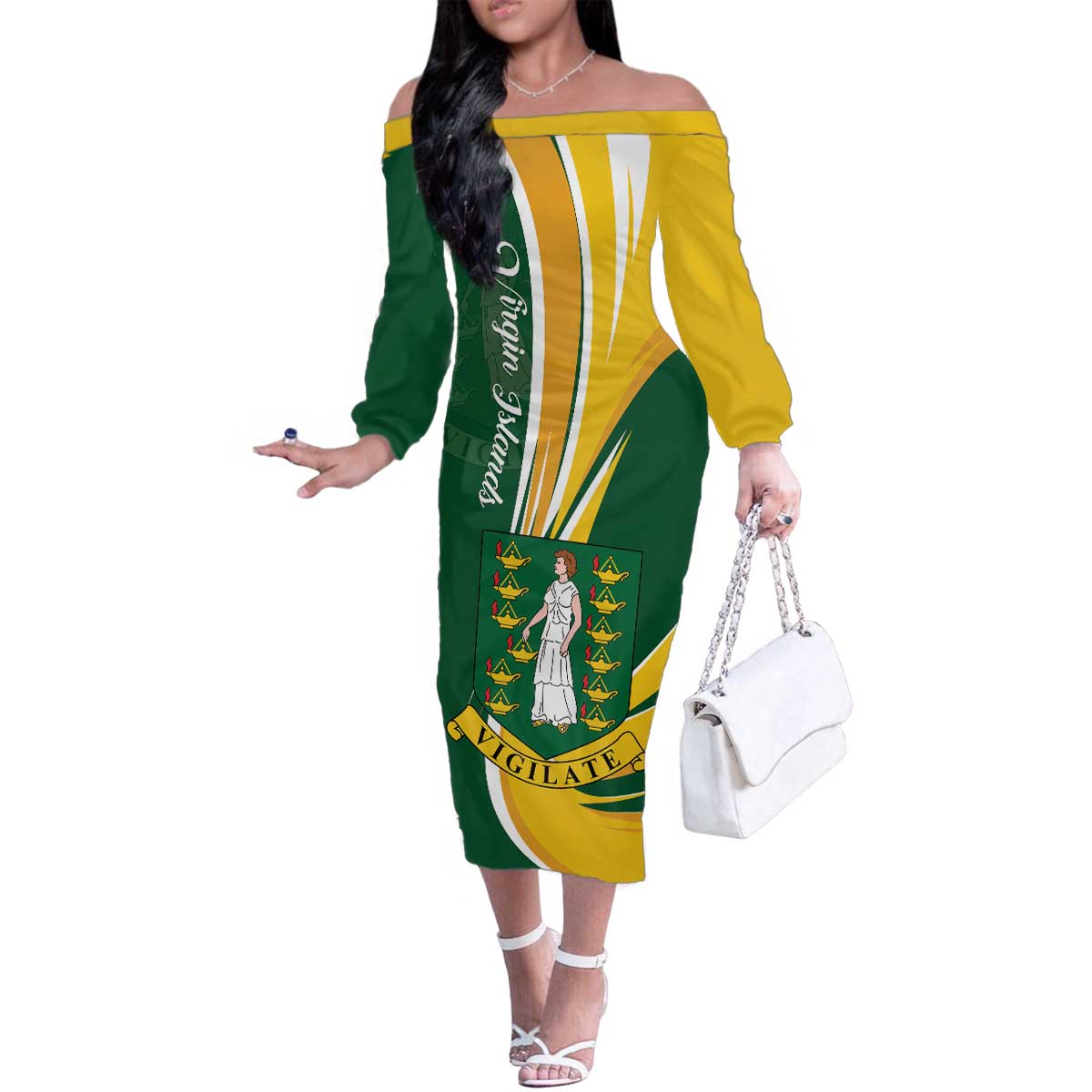 Personalised British Virgin Islands Family Matching Off The Shoulder Long Sleeve Dress and Hawaiian Shirt Vigilate Flag Color