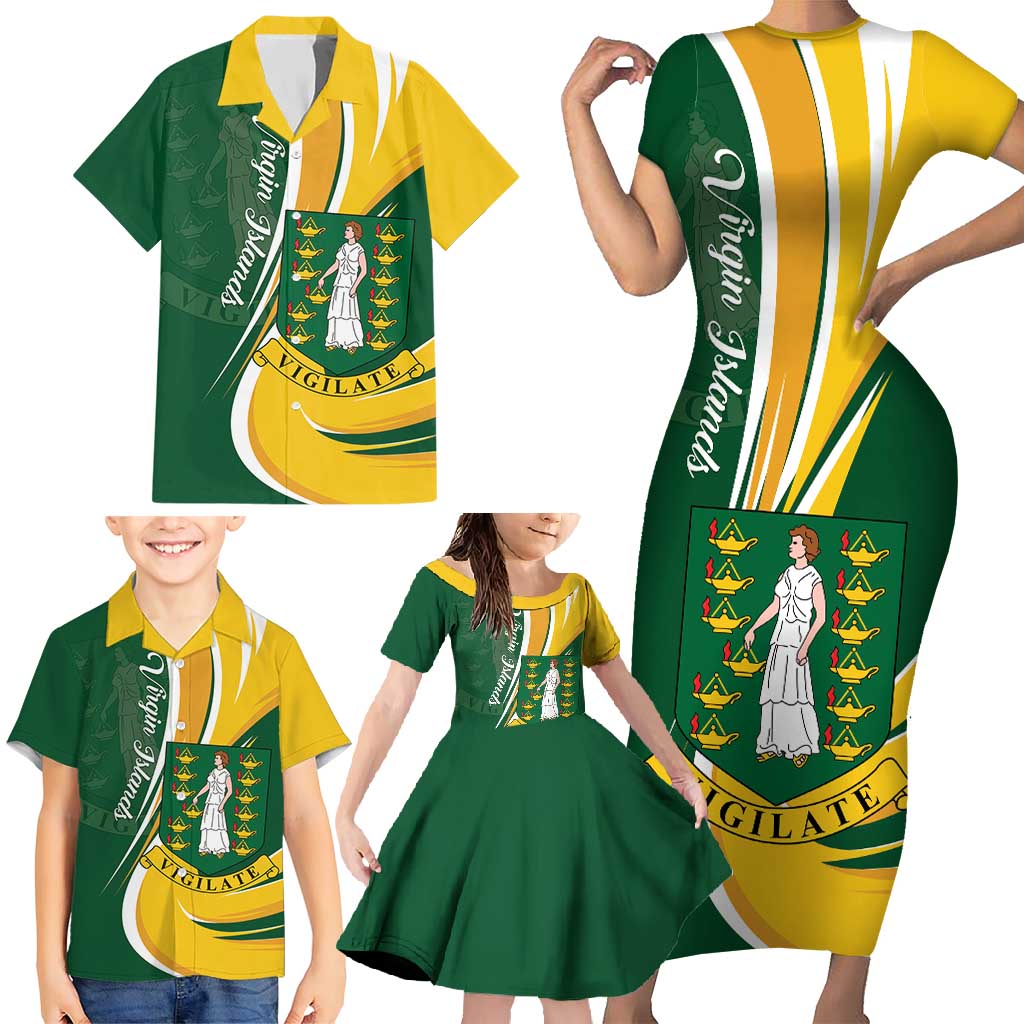 Personalised British Virgin Islands Family Matching Short Sleeve Bodycon Dress and Hawaiian Shirt Vigilate Flag Color