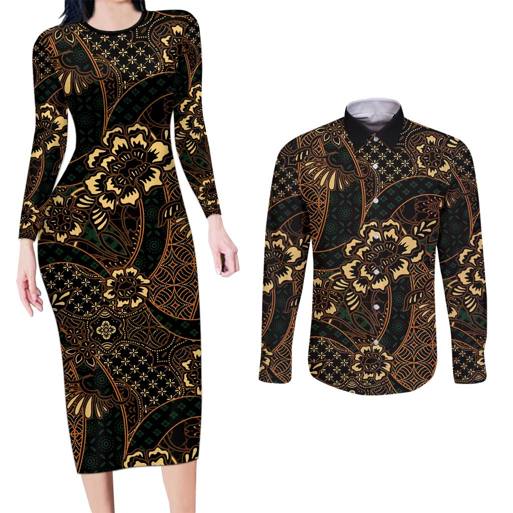 Indonesian Batik Pattern Vintage Brown Couples Matching Long Sleeve Bodycon Dress and Long Sleeve Button Shirt