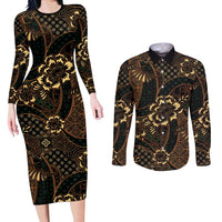 Indonesian Batik Pattern Vintage Brown Couples Matching Long Sleeve Bodycon Dress and Long Sleeve Button Shirt