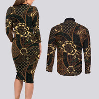 Indonesian Batik Pattern Vintage Brown Couples Matching Long Sleeve Bodycon Dress and Long Sleeve Button Shirt