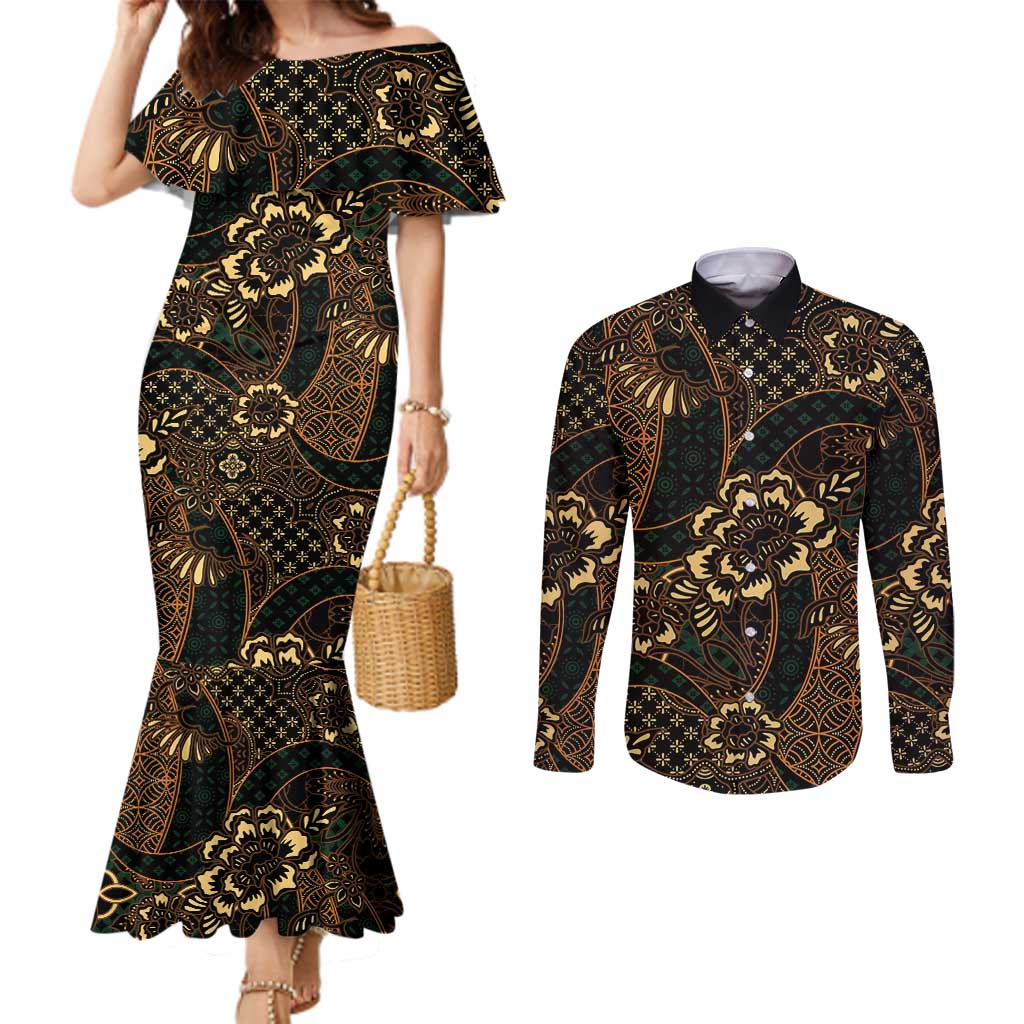 Indonesian Batik Pattern Vintage Brown Couples Matching Mermaid Dress and Long Sleeve Button Shirt