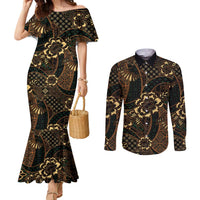 Indonesian Batik Pattern Vintage Brown Couples Matching Mermaid Dress and Long Sleeve Button Shirt