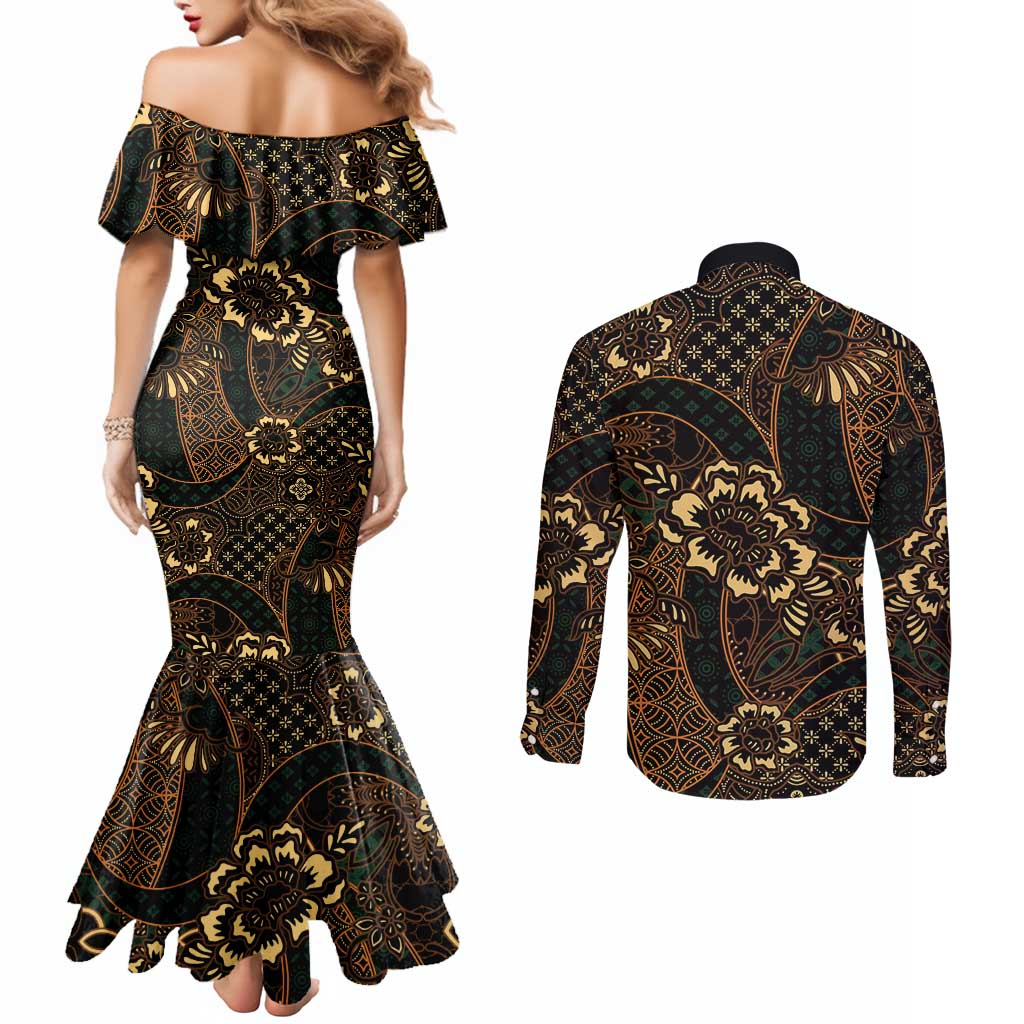 Indonesian Batik Pattern Vintage Brown Couples Matching Mermaid Dress and Long Sleeve Button Shirt